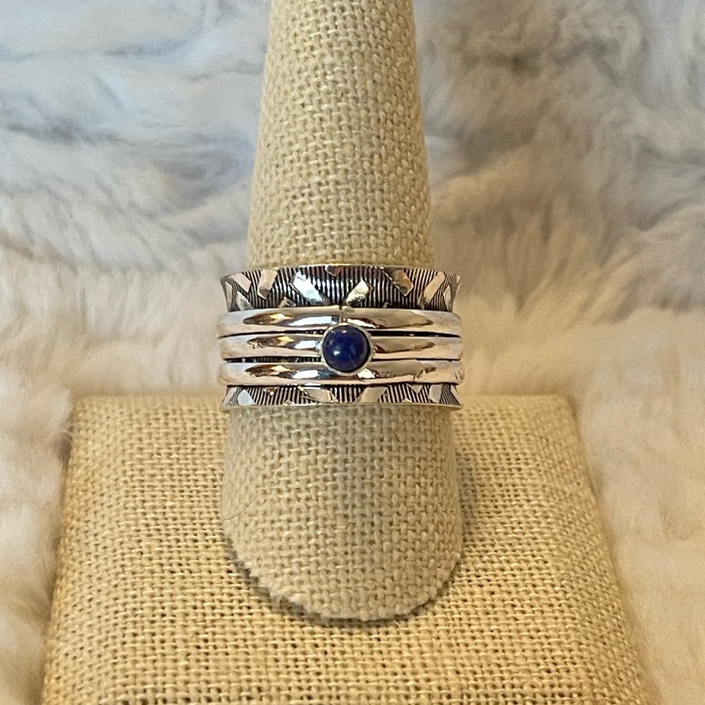 Blue cabochon silver fidget spinner ring, meditation, anxiety, size 10
